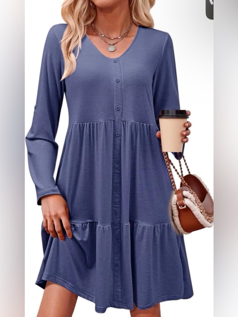 Women's Long-Sleeve Button-Front Tiered Dress in Slate Blue